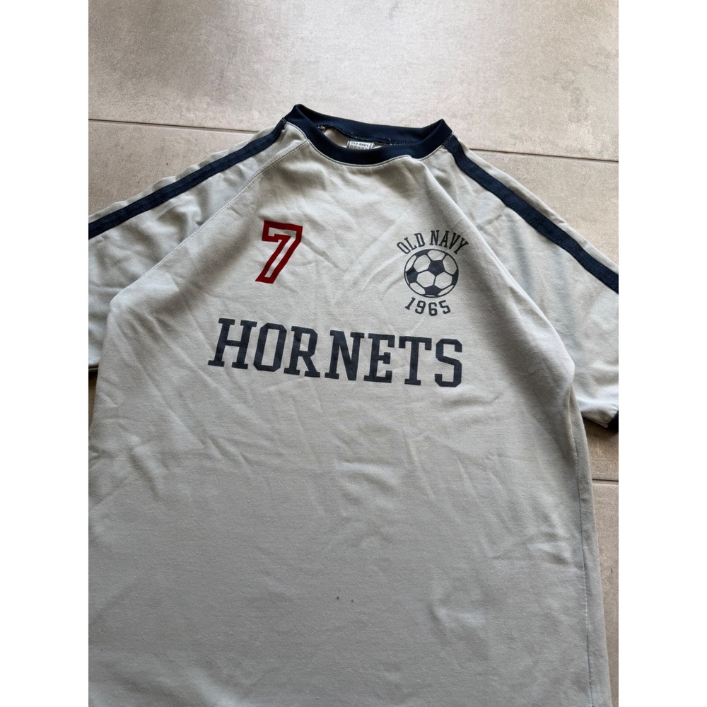 Vintage Y2K Women's Old Navy Hornets Soccer Graphic Tee Blue Ringer Shirt  L - Picture 3 of 6